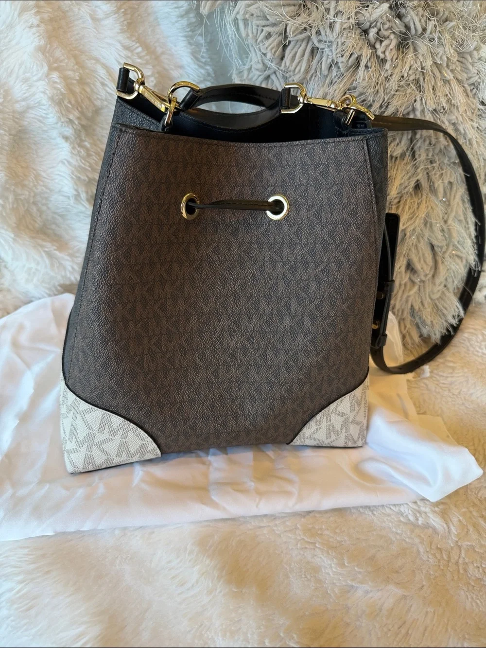 Michael Kors Brown and Cream Signature Drawstring Bucket Tote